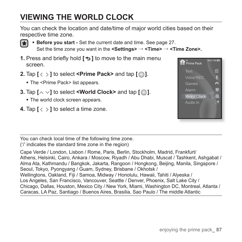 Viewing the world clock | Samsung YP-S5JAB-XAA User Manual | Page 87 / 117