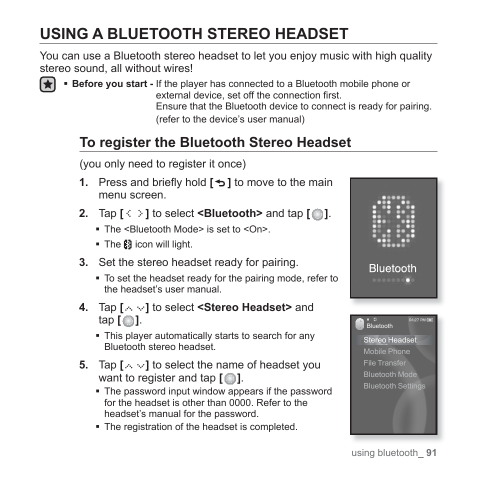 Using a bluetooth stereo headset | Samsung YP-S5JAB-XAA User Manual | Page 91 / 117