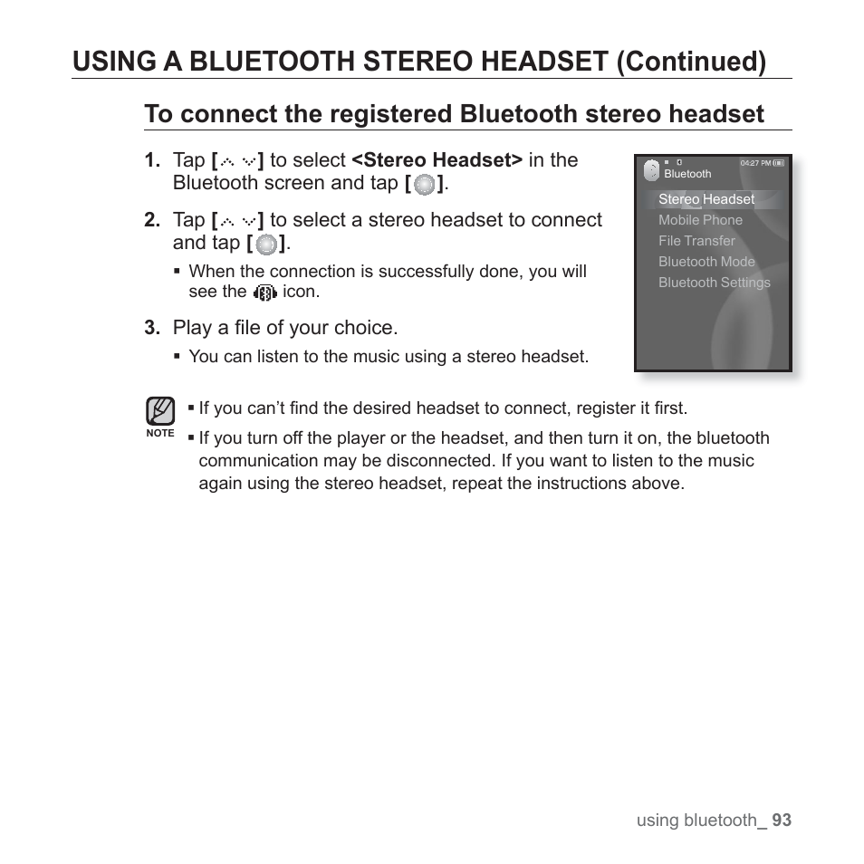 Using a bluetooth stereo headset (continued) | Samsung YP-S5JAB-XAA User Manual | Page 93 / 117