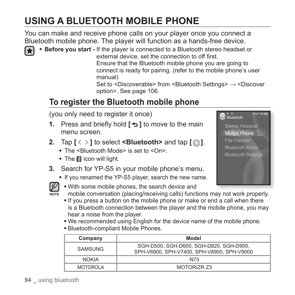 Using a bluetooth mobile phone | Samsung YP-S5JAB-XAA User Manual | Page 94 / 117