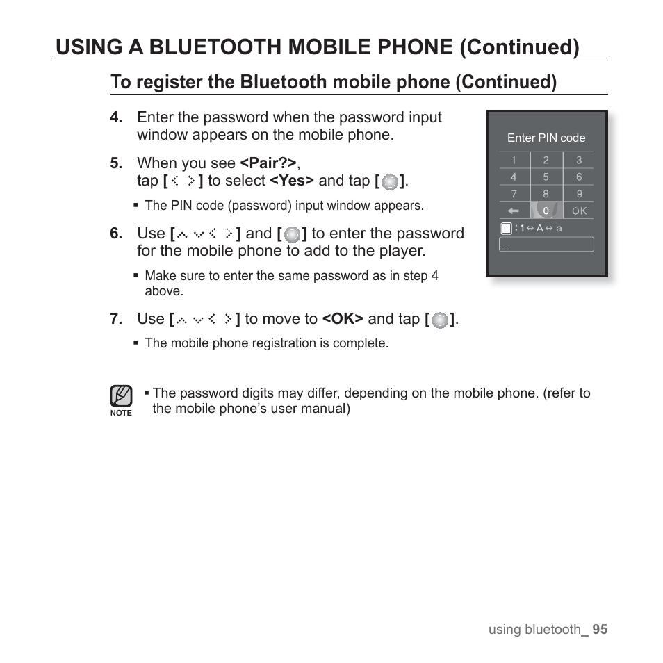 Using a bluetooth mobile phone (continued) | Samsung YP-S5JAB-XAA User Manual | Page 95 / 117