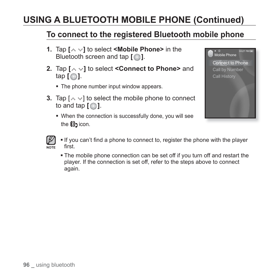 Using a bluetooth mobile phone (continued) | Samsung YP-S5JAB-XAA User Manual | Page 96 / 117
