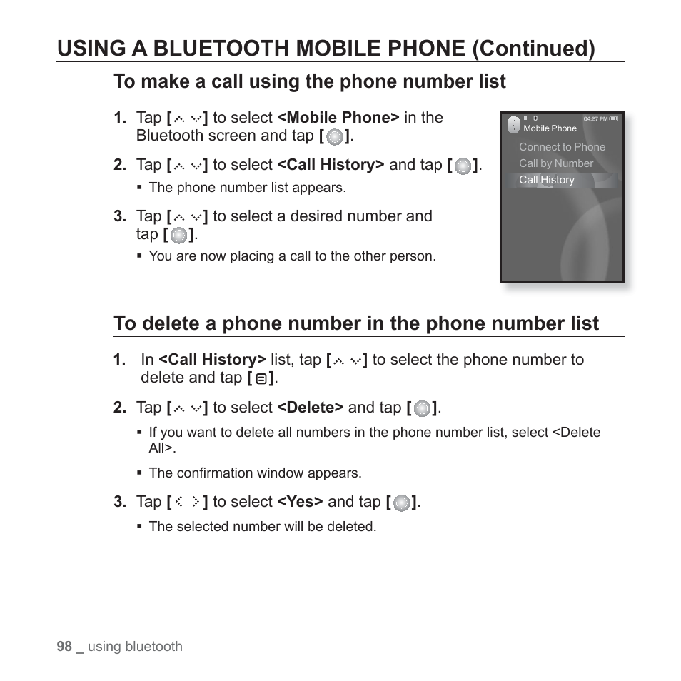 Using a bluetooth mobile phone (continued) | Samsung YP-S5JAB-XAA User Manual | Page 98 / 117