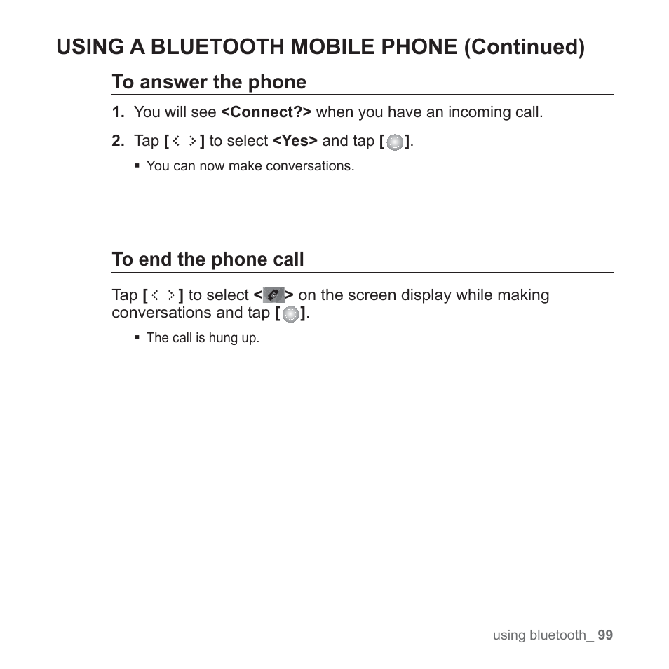 Using a bluetooth mobile phone (continued) | Samsung YP-S5JAB-XAA User Manual | Page 99 / 117