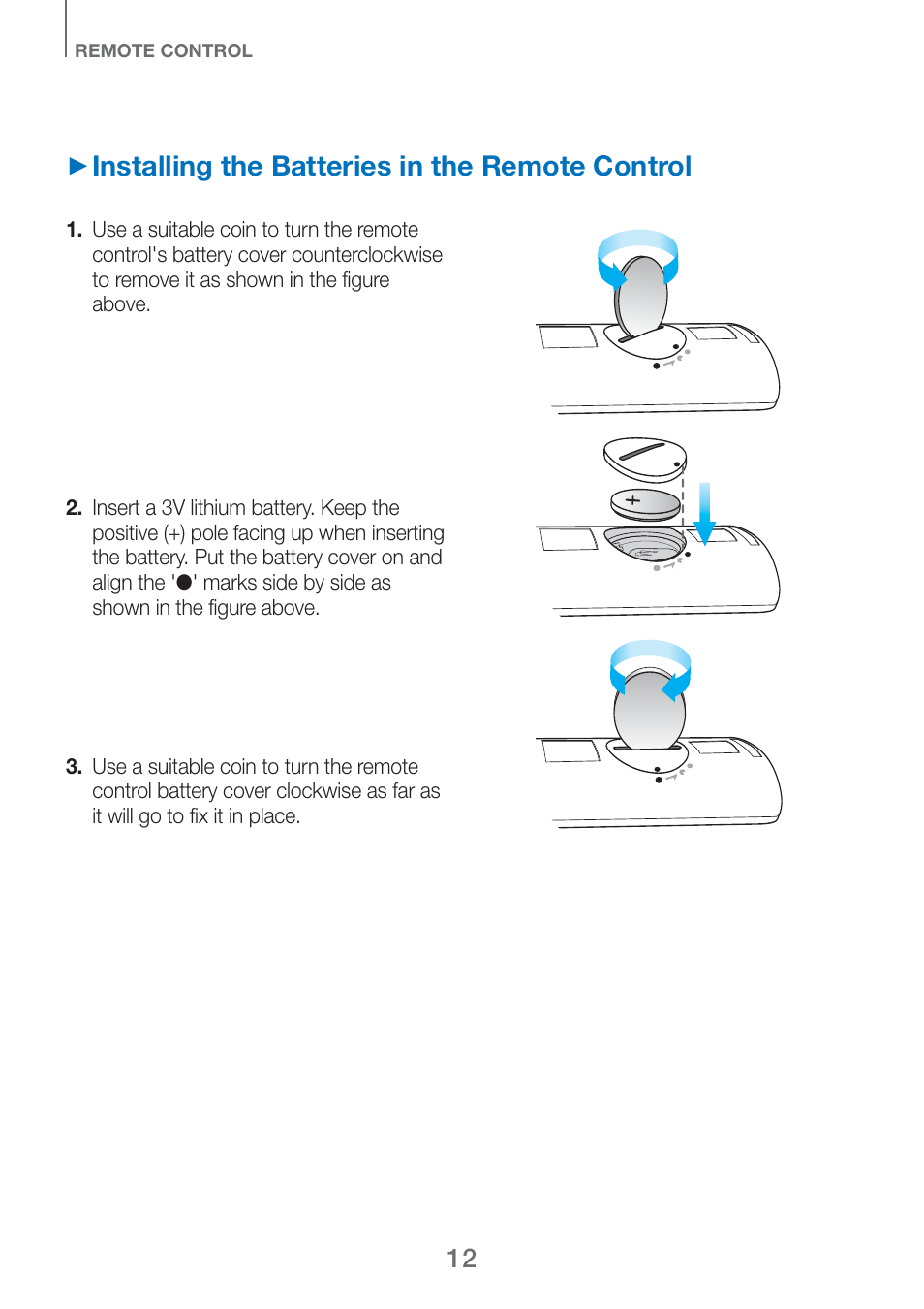 Installing the batteries in the remote control | Samsung HW-H750-ZA User Manual | Page 12 / 56
