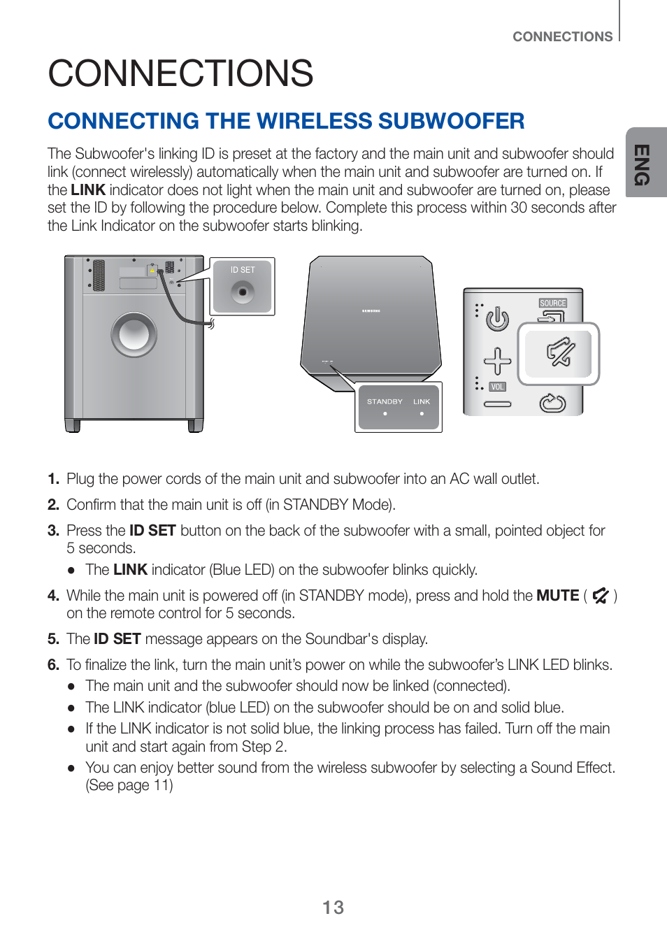 Connections, Connecting the wireless subwoofer | Samsung HW-H750-ZA User Manual | Page 13 / 56