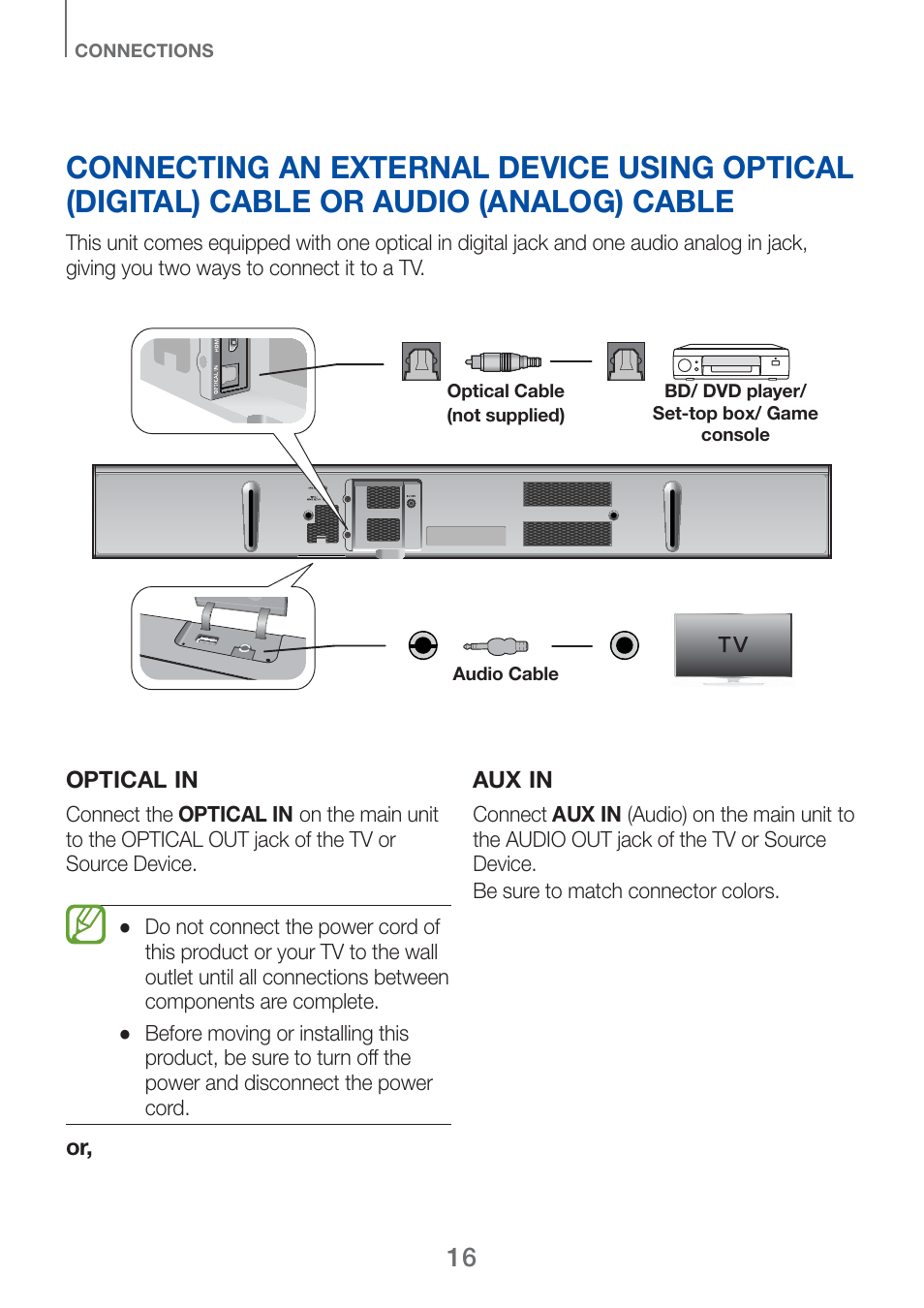 Optical in, Or, aux in | Samsung HW-H750-ZA User Manual | Page 16 / 56