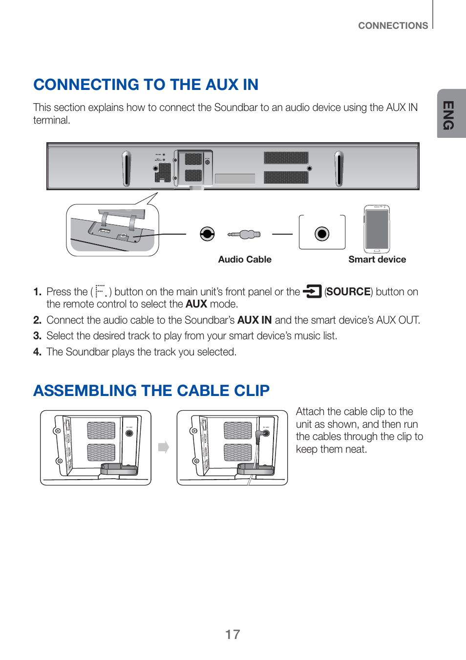 Connecting to the aux in, Assembling the cable clip | Samsung HW-H750-ZA User Manual | Page 17 / 56