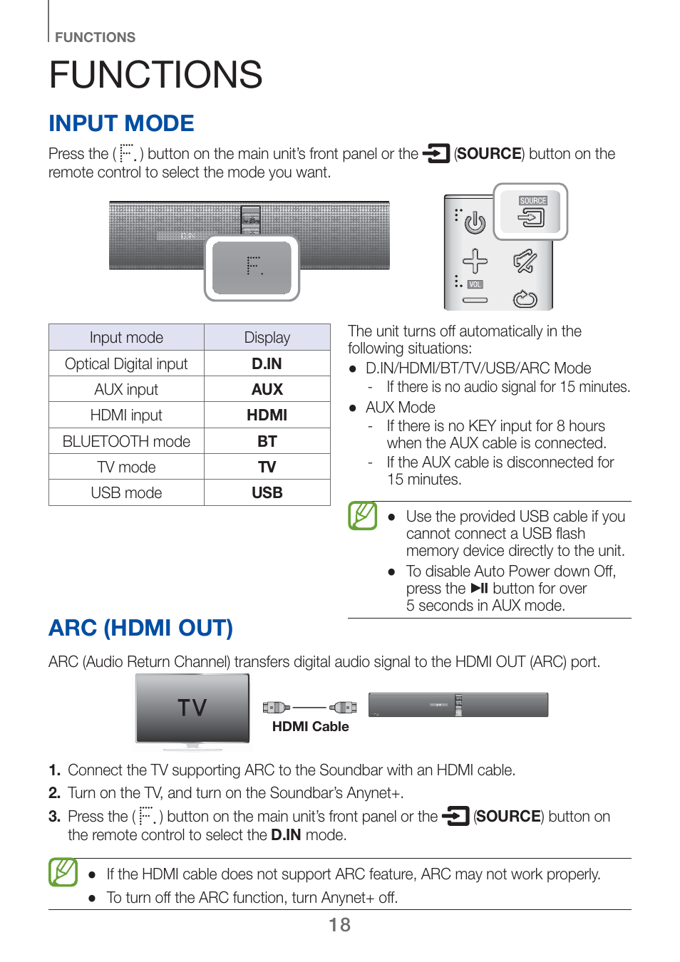 Functions, Arc (hdmi out), Input mode | Samsung HW-H750-ZA User Manual | Page 18 / 56