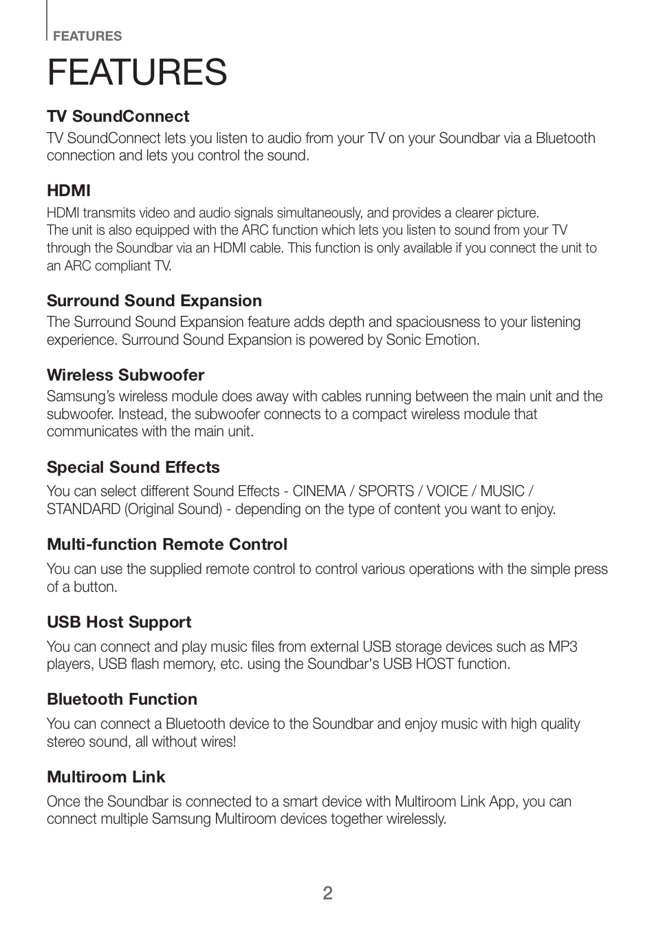Features | Samsung HW-H750-ZA User Manual | Page 2 / 56
