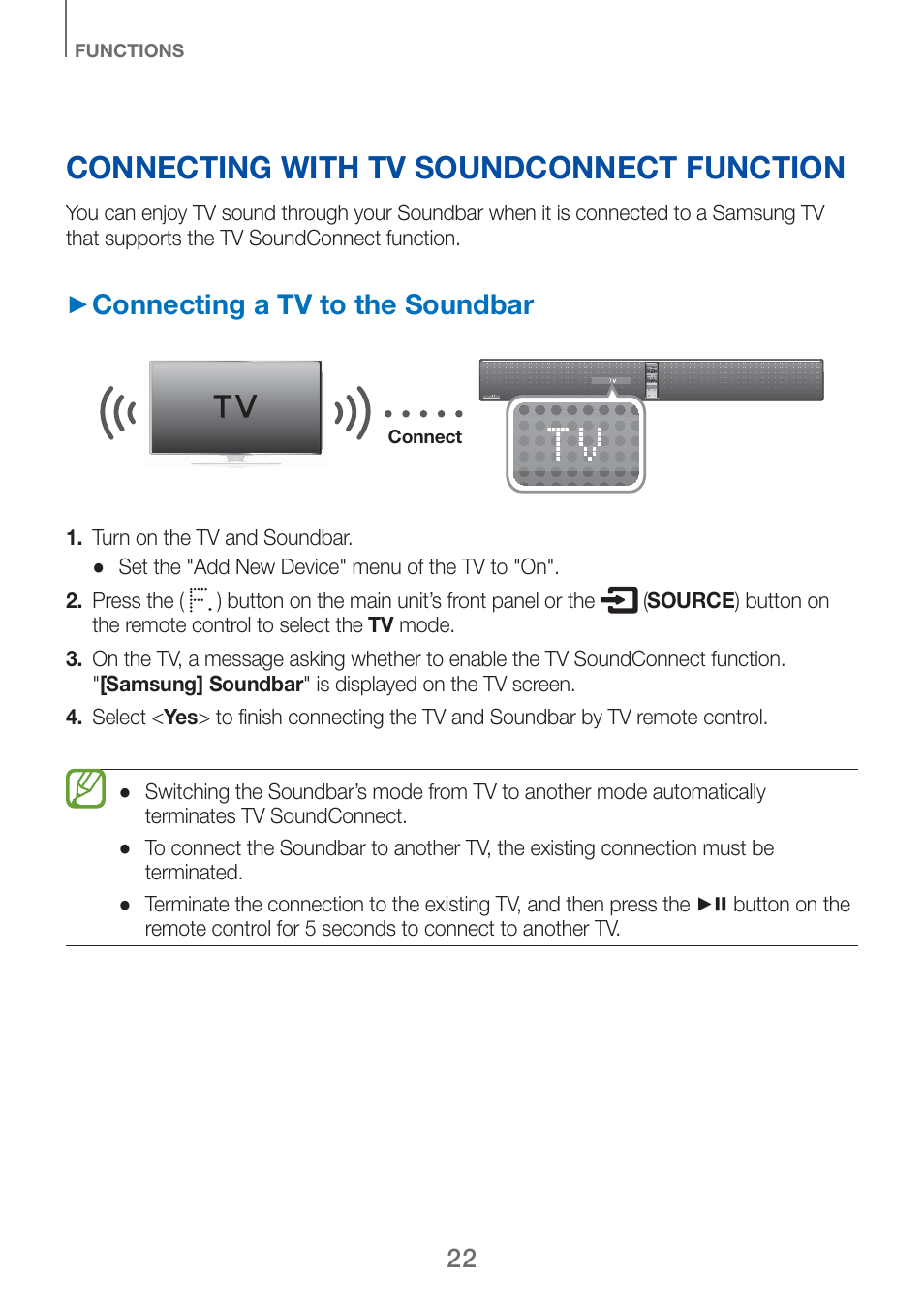 Connecting with tv soundconnect function, Connecting a tv to the soundbar | Samsung HW-H750-ZA User Manual | Page 22 / 56