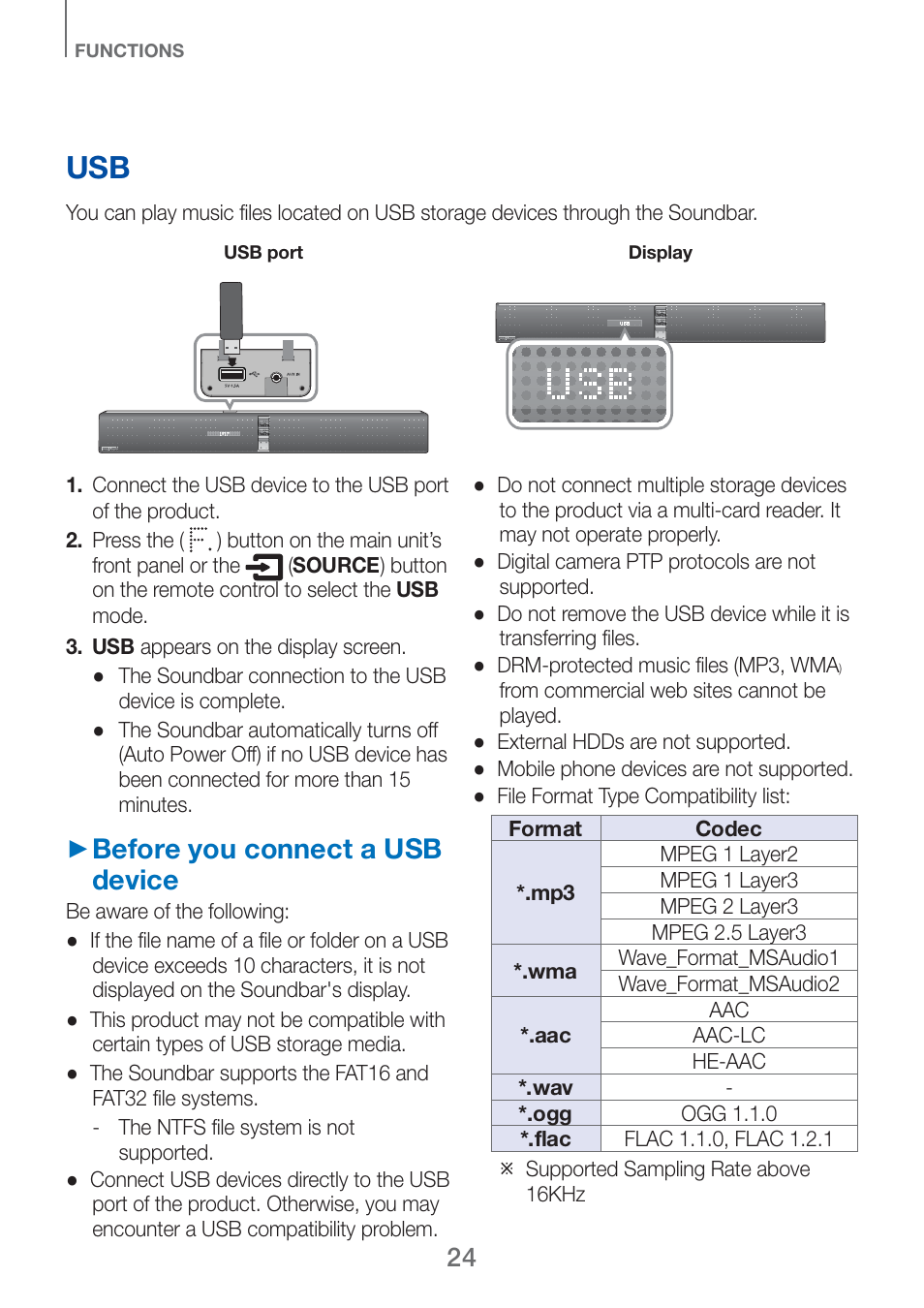 Before you connect a usb device | Samsung HW-H750-ZA User Manual | Page 24 / 56