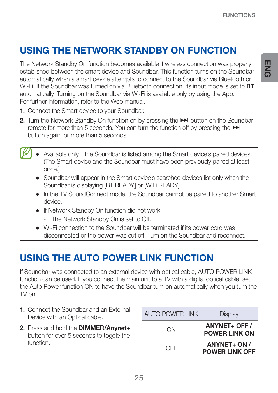Using the network standby on function, Using the auto power link function | Samsung HW-H750-ZA User Manual | Page 25 / 56