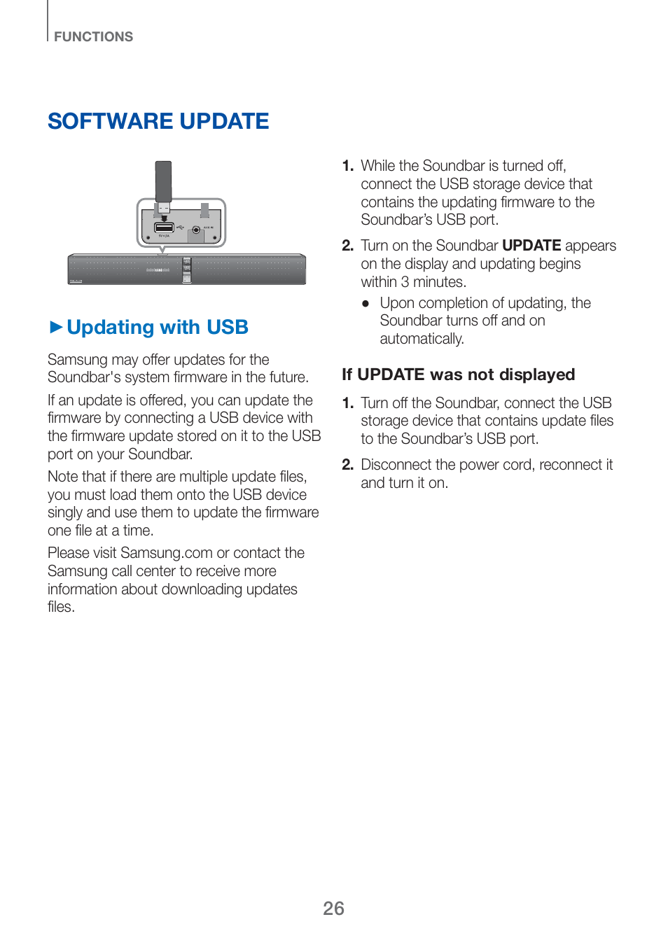 Software update, Updating with usb | Samsung HW-H750-ZA User Manual | Page 26 / 56