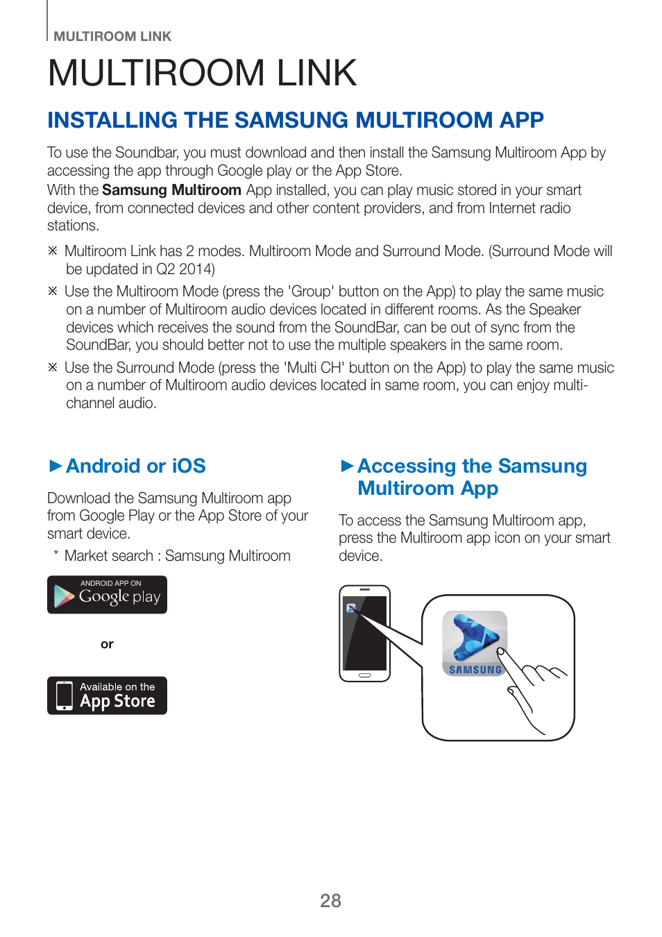 Multiroom link, Installing the samsung multiroom app, Android or ios | Accessing the samsung multiroom app | Samsung HW-H750-ZA User Manual | Page 28 / 56