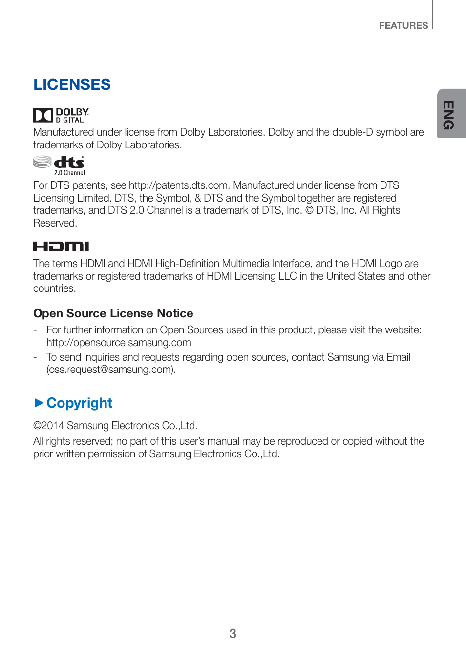 Licenses, Copyright | Samsung HW-H750-ZA User Manual | Page 3 / 56