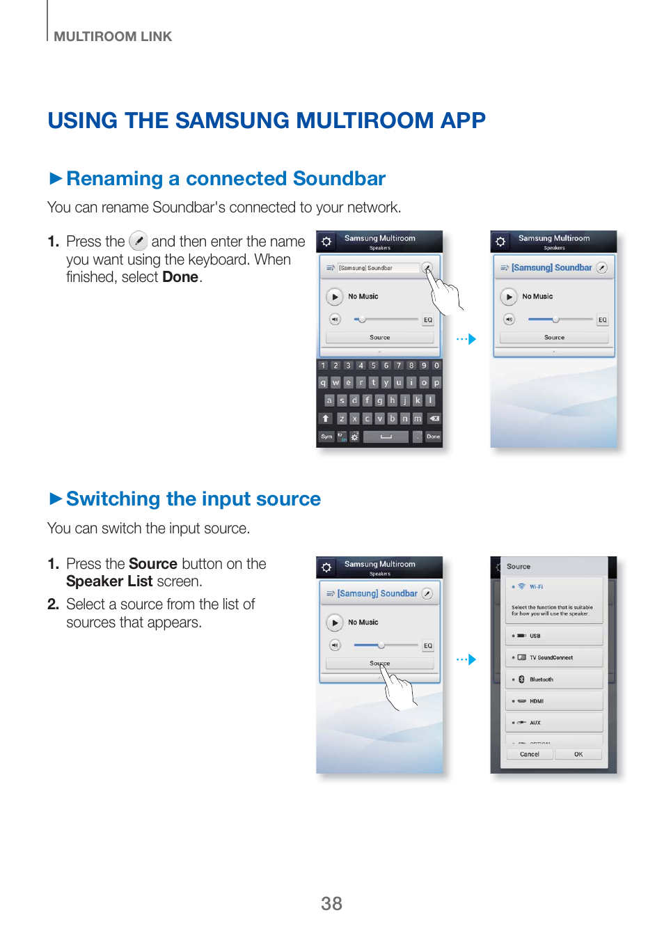 Using the samsung multiroom app, Renaming a connected soundbar, Switching the input source | Samsung HW-H750-ZA User Manual | Page 38 / 56