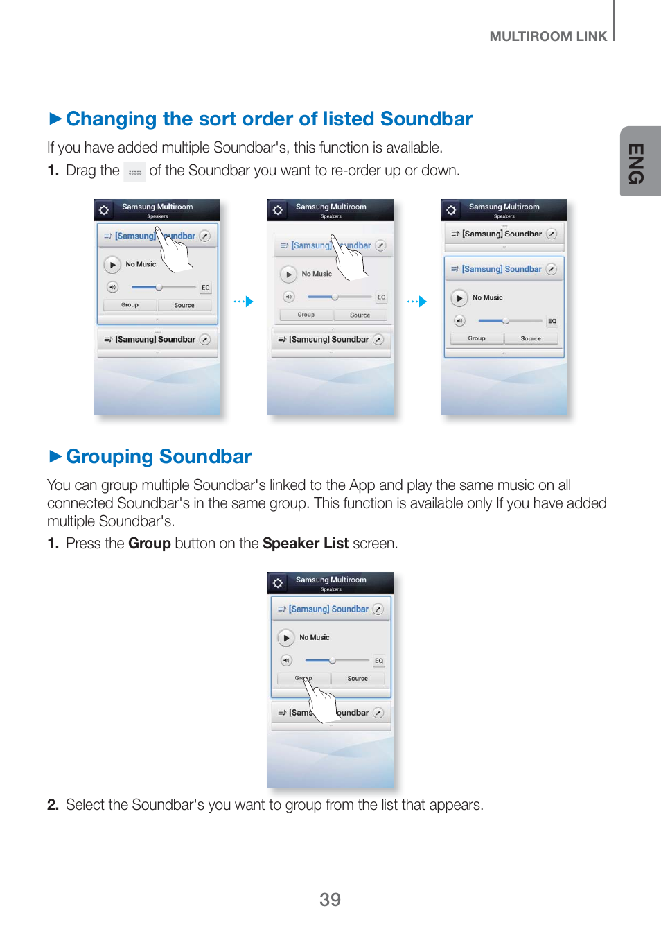 Changing the sort order of listed soundbar, Grouping soundbar | Samsung HW-H750-ZA User Manual | Page 39 / 56