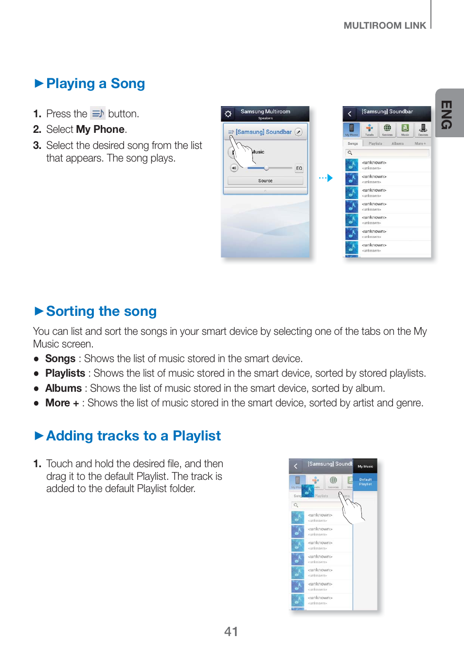 Playing a song, Sorting the song, Adding tracks to a playlist | Samsung HW-H750-ZA User Manual | Page 41 / 56