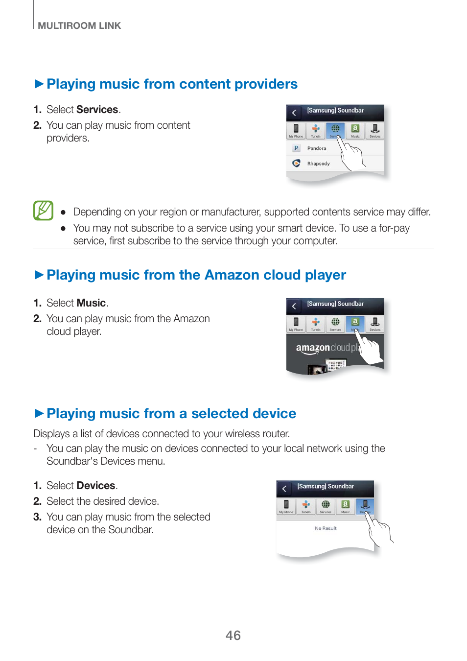 Playing music from content providers, Playing music from the amazon cloud player, Playing music from a selected device | Samsung HW-H750-ZA User Manual | Page 46 / 56