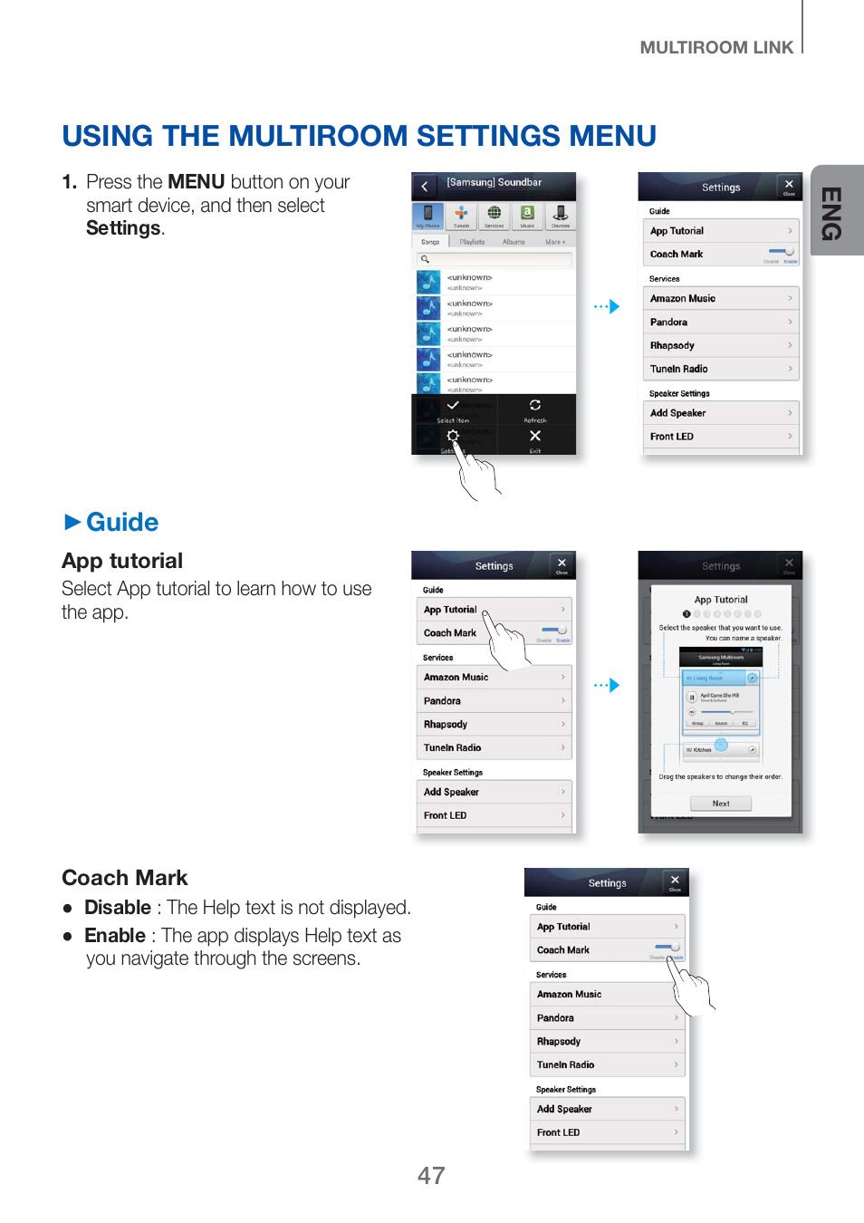 Using the multiroom settings menu, Guide | Samsung HW-H750-ZA User Manual | Page 47 / 56