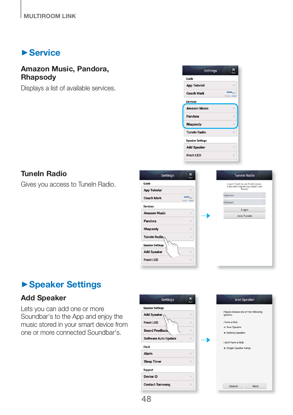 Service, Speaker settings | Samsung HW-H750-ZA User Manual | Page 48 / 56