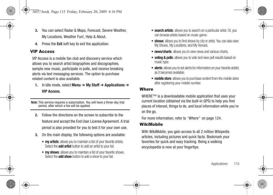Vip access, Where, Wikimobile | Vip access where wikimobile | Samsung SGH-A657ZKAATT User Manual | Page 119 / 184