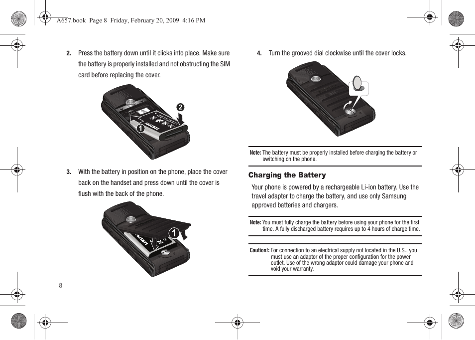 Charging the battery | Samsung SGH-A657ZKAATT User Manual | Page 12 / 184