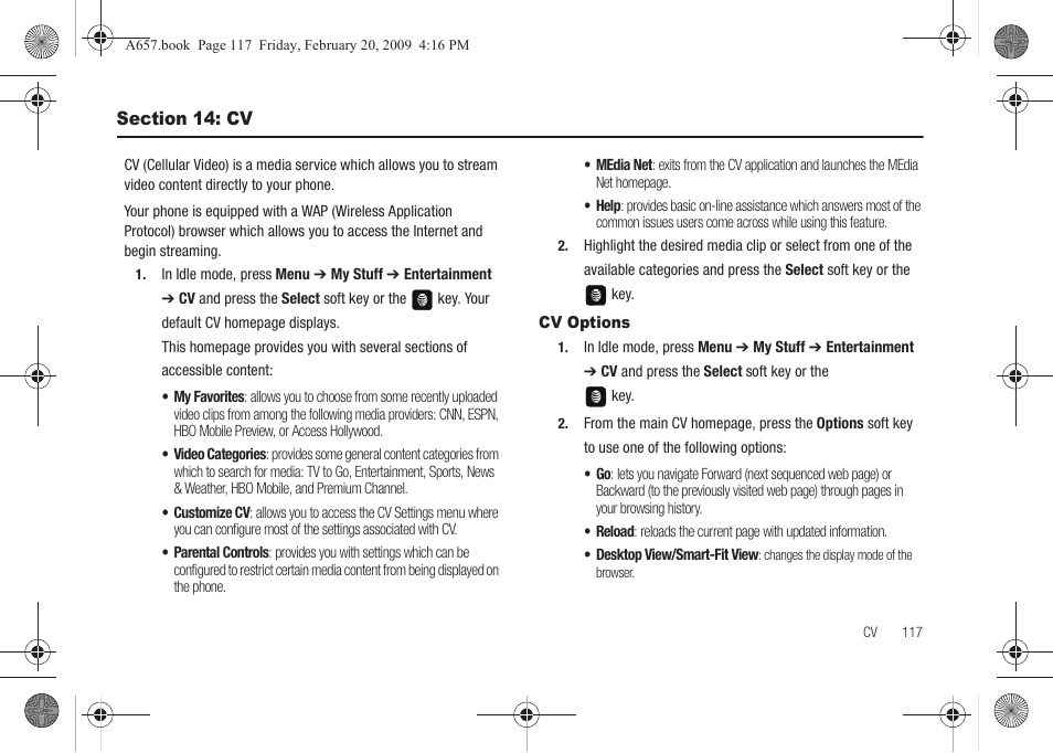 Section 14: cv, Cv options | Samsung SGH-A657ZKAATT User Manual | Page 121 / 184