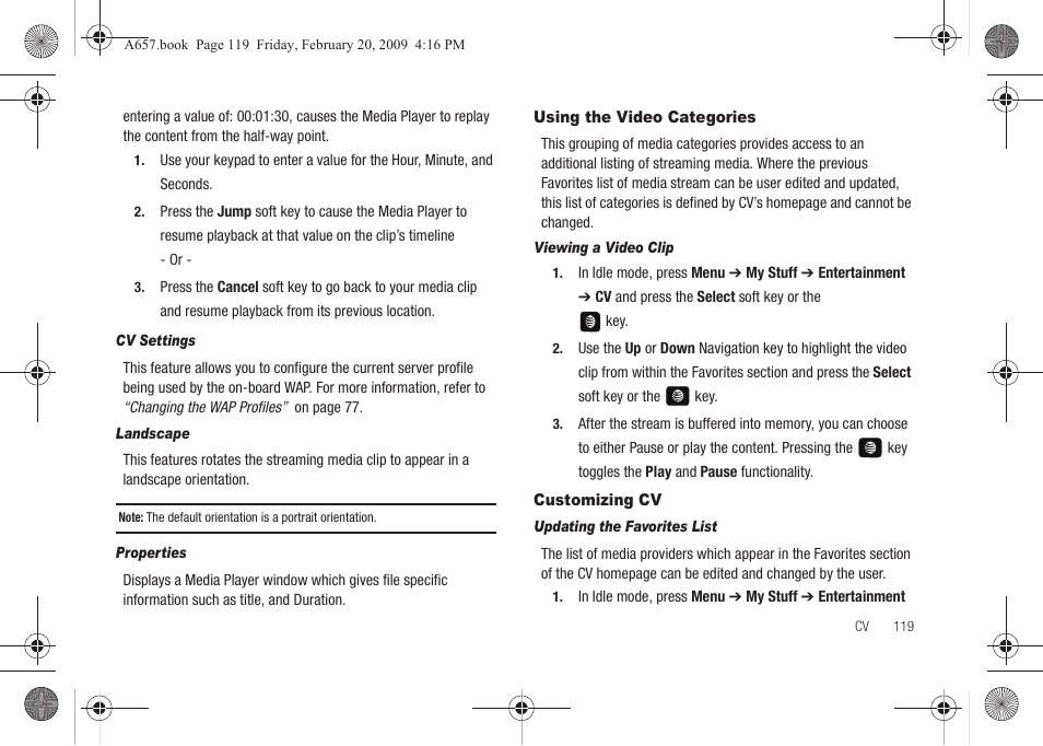 Using the video categories, Customizing cv, Using the video categories customizing cv | Samsung SGH-A657ZKAATT User Manual | Page 123 / 184