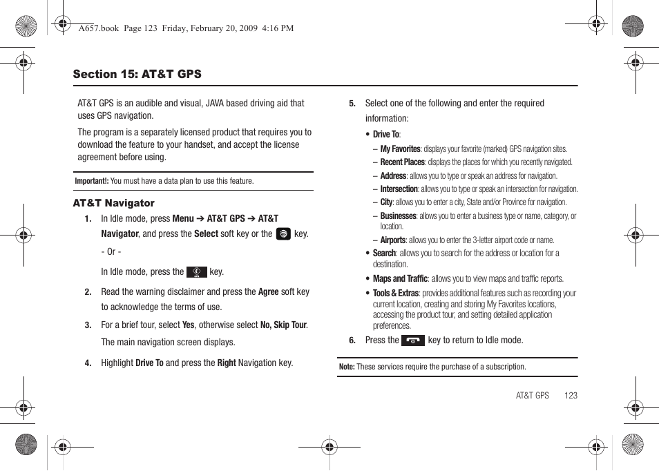 Section 15: at&t gps, At&t navigator | Samsung SGH-A657ZKAATT User Manual | Page 127 / 184