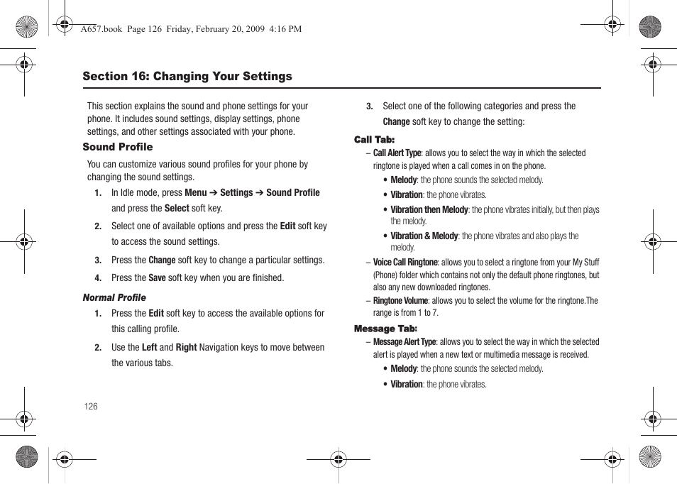 Section 16: changing your settings, Sound profile | Samsung SGH-A657ZKAATT User Manual | Page 130 / 184