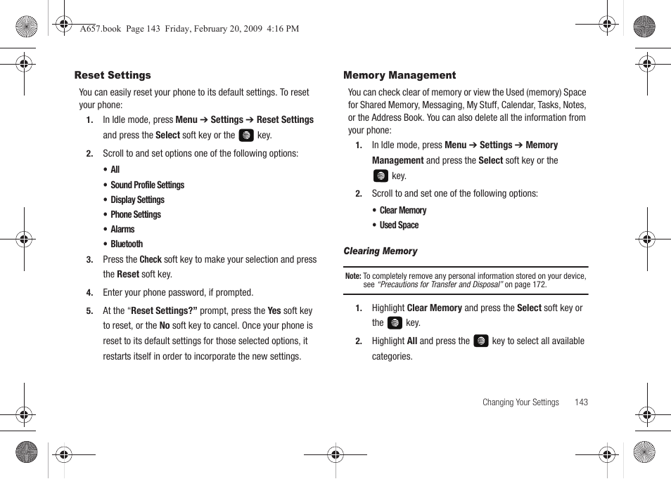 Reset settings, Memory management, Reset settings memory management | Samsung SGH-A657ZKAATT User Manual | Page 147 / 184