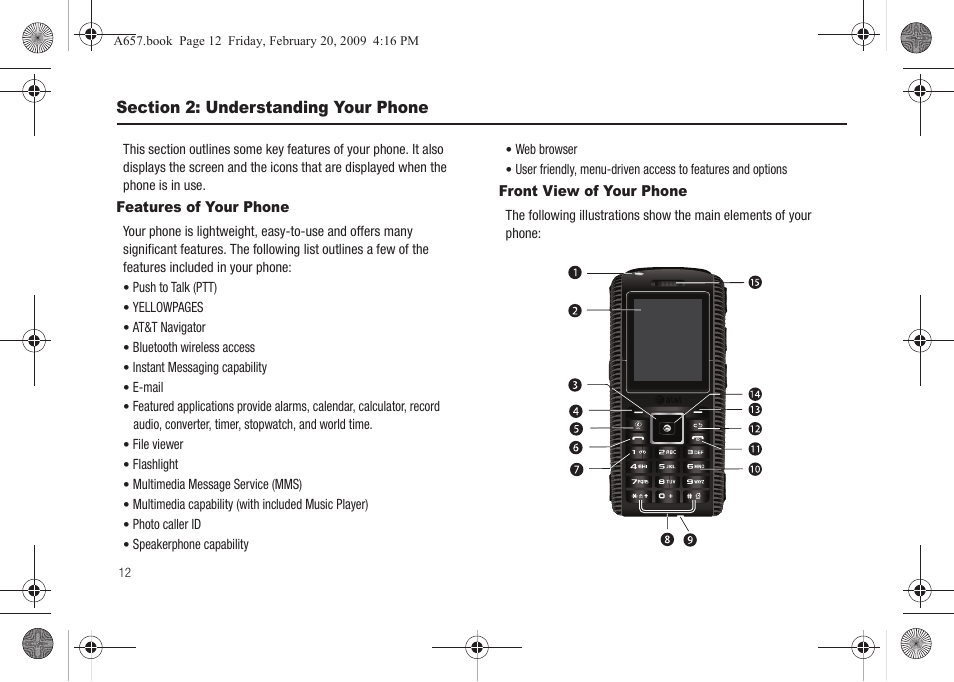 Section 2: understanding your phone, Features of your phone, Front view of your phone | Features of your phone front view of your phone | Samsung SGH-A657ZKAATT User Manual | Page 16 / 184