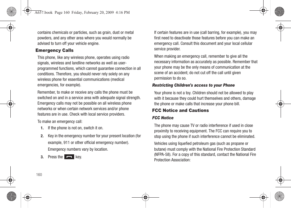 Emergency calls, Fcc notice and cautions | Samsung SGH-A657ZKAATT User Manual | Page 164 / 184