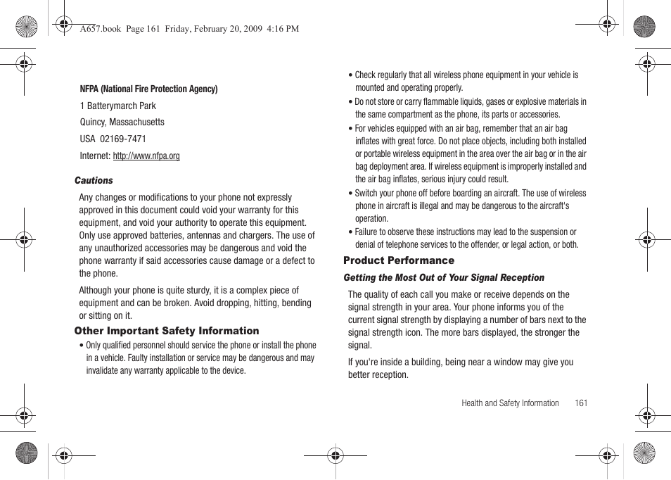 Other important safety information, Product performance | Samsung SGH-A657ZKAATT User Manual | Page 165 / 184