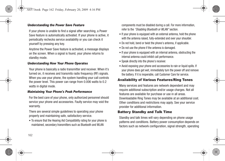 Availability of various features/ring tones, Battery standby and talk time | Samsung SGH-A657ZKAATT User Manual | Page 166 / 184