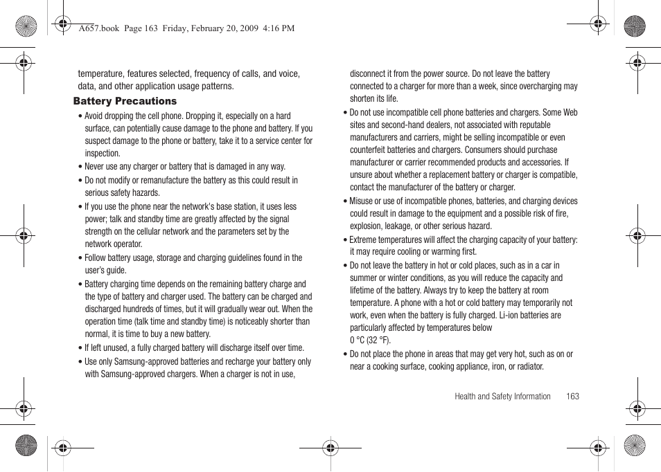 Battery precautions | Samsung SGH-A657ZKAATT User Manual | Page 167 / 184