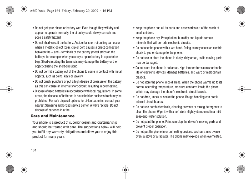 Care and maintenance | Samsung SGH-A657ZKAATT User Manual | Page 168 / 184