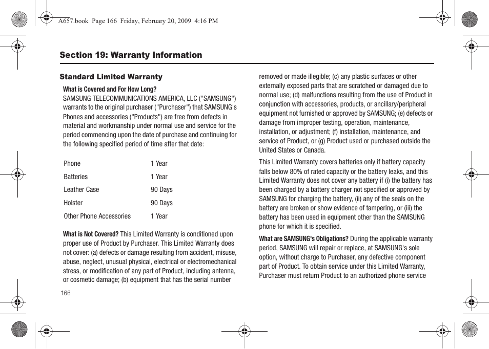 Section 19: warranty information, Standard limited warranty | Samsung SGH-A657ZKAATT User Manual | Page 170 / 184