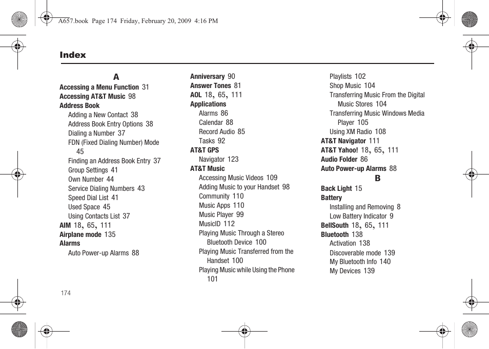 Index | Samsung SGH-A657ZKAATT User Manual | Page 178 / 184