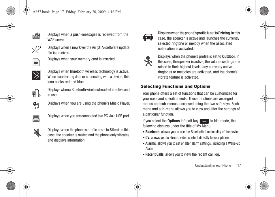 Selecting functions and options | Samsung SGH-A657ZKAATT User Manual | Page 21 / 184