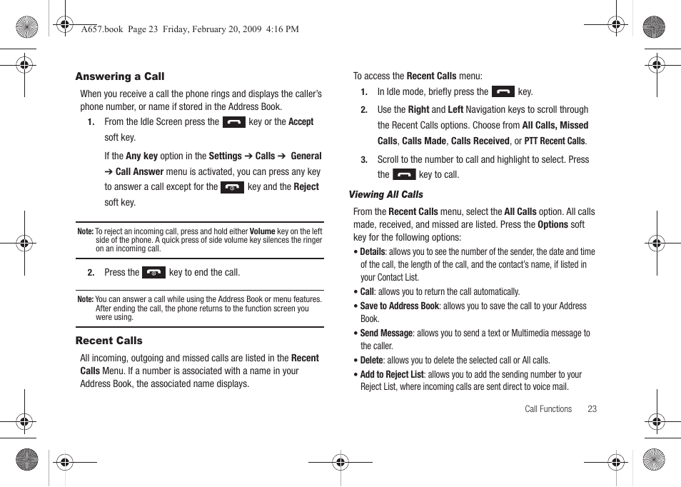 Answering a call, Recent calls, Answering a call recent calls | Samsung SGH-A657ZKAATT User Manual | Page 27 / 184