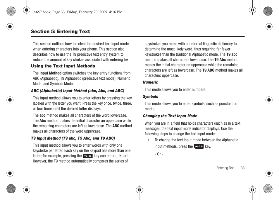 Section 5: entering text, Using the text input methods | Samsung SGH-A657ZKAATT User Manual | Page 37 / 184