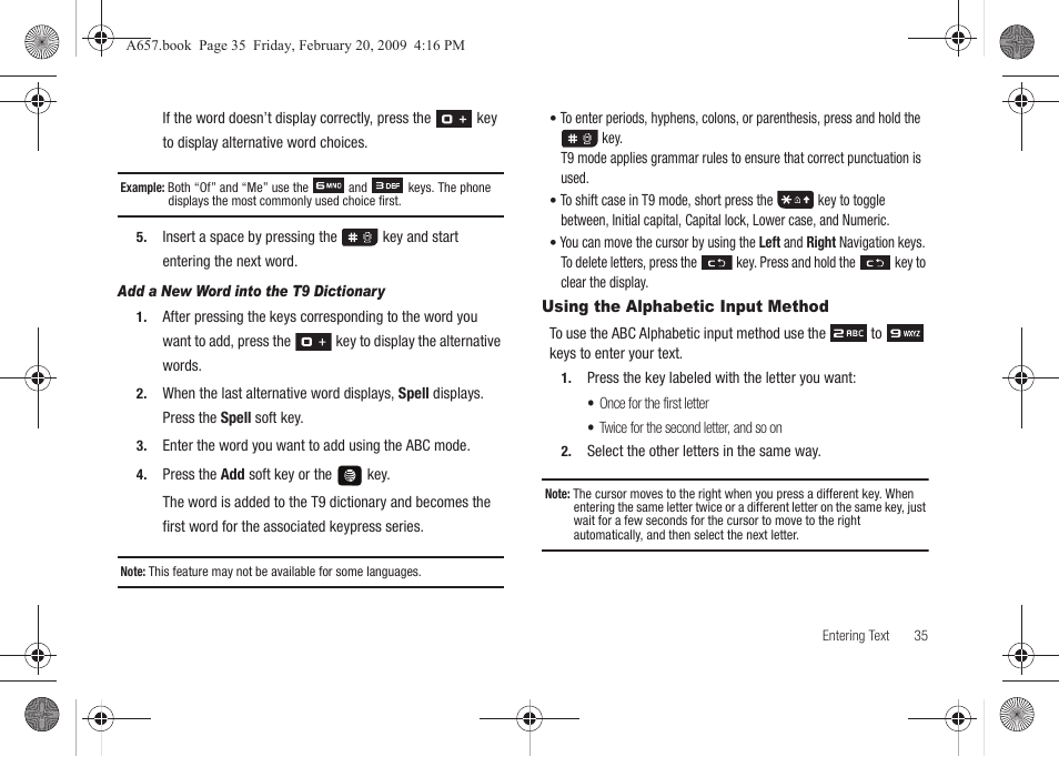 Using the alphabetic input method | Samsung SGH-A657ZKAATT User Manual | Page 39 / 184