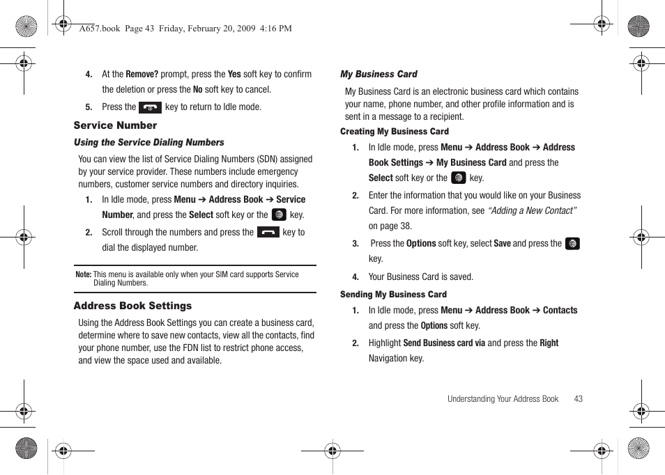 Service number, Address book settings, Service number address book settings | Samsung SGH-A657ZKAATT User Manual | Page 47 / 184
