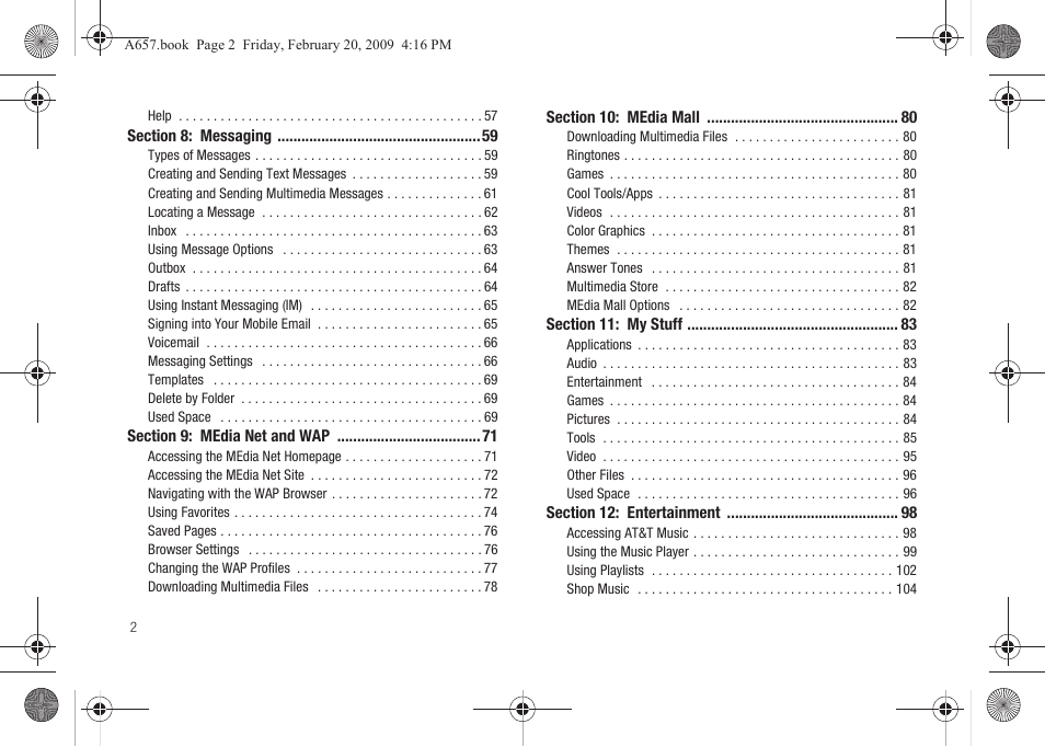 Section 8: messaging 59, Section 9: media net and wap 71, Section 10: media mall 80 | Section 11: my stuff 83, Section 12: entertainment 98 | Samsung SGH-A657ZKAATT User Manual | Page 6 / 184