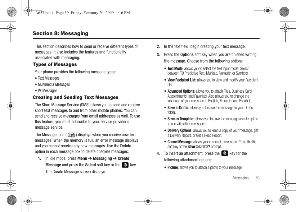 Section 8: messaging, Types of messages, Creating and sending text messages | Samsung SGH-A657ZKAATT User Manual | Page 63 / 184