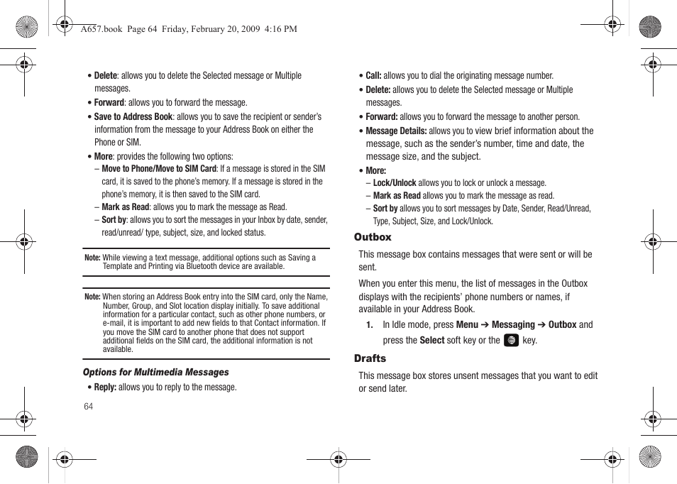 Outbox, Drafts, Outbox drafts | Samsung SGH-A657ZKAATT User Manual | Page 68 / 184