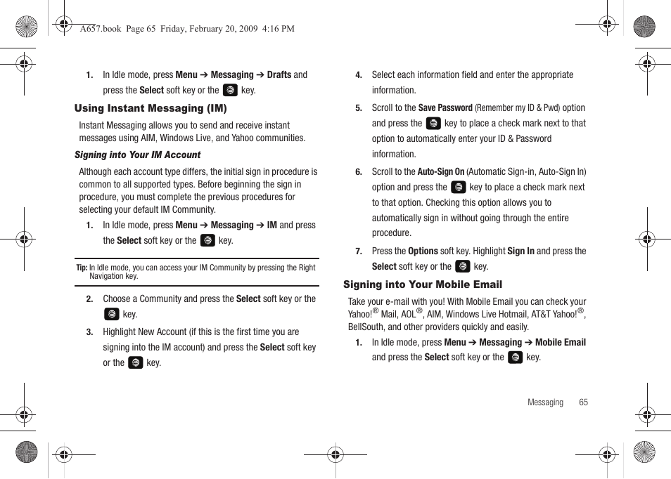 Using instant messaging (im), Signing into your mobile email | Samsung SGH-A657ZKAATT User Manual | Page 69 / 184